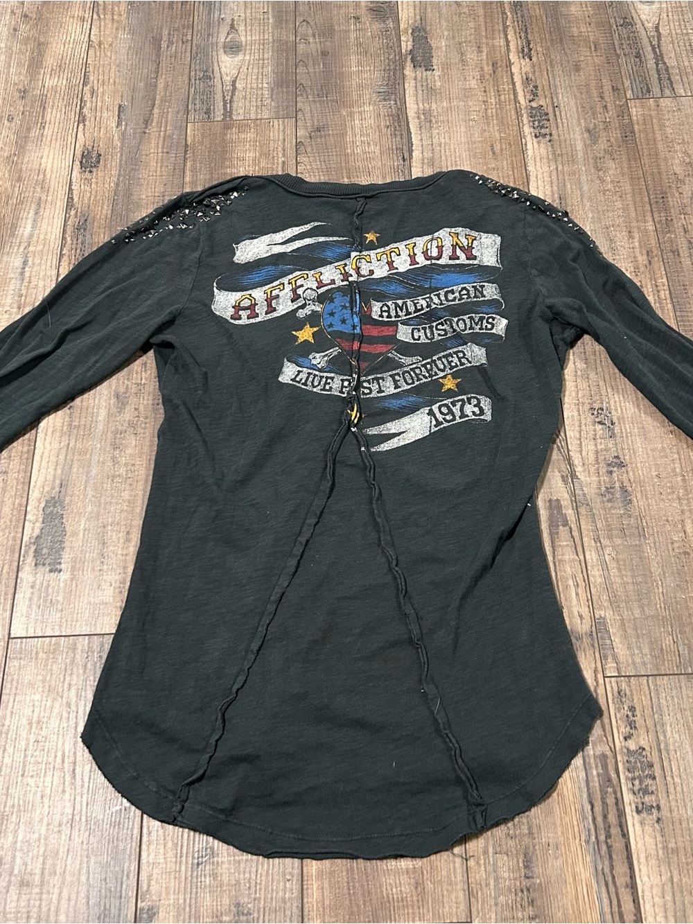 Affliction American Customs Long Sleeve With Lace & Studded Accent Henley Top - Picture 2 of 8